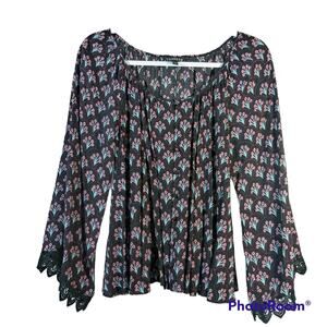 Express Black Floral Blouse Button Front Size Small